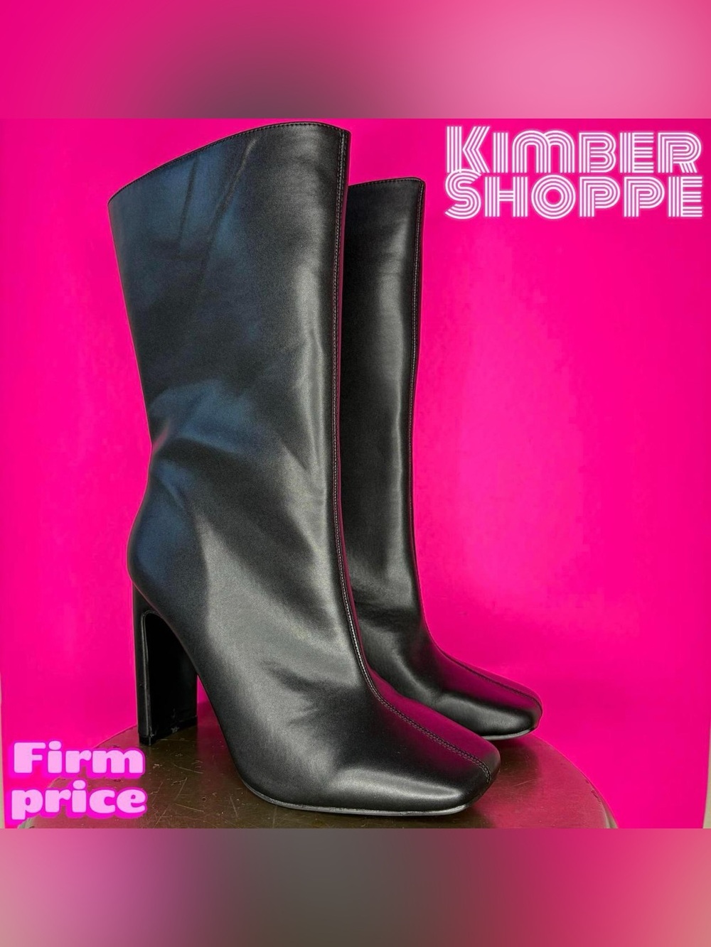 Boohoo Black Faux Leather Square Toe Wide Fit Heeled Mid Calf Boot EU 39 UK 6 W